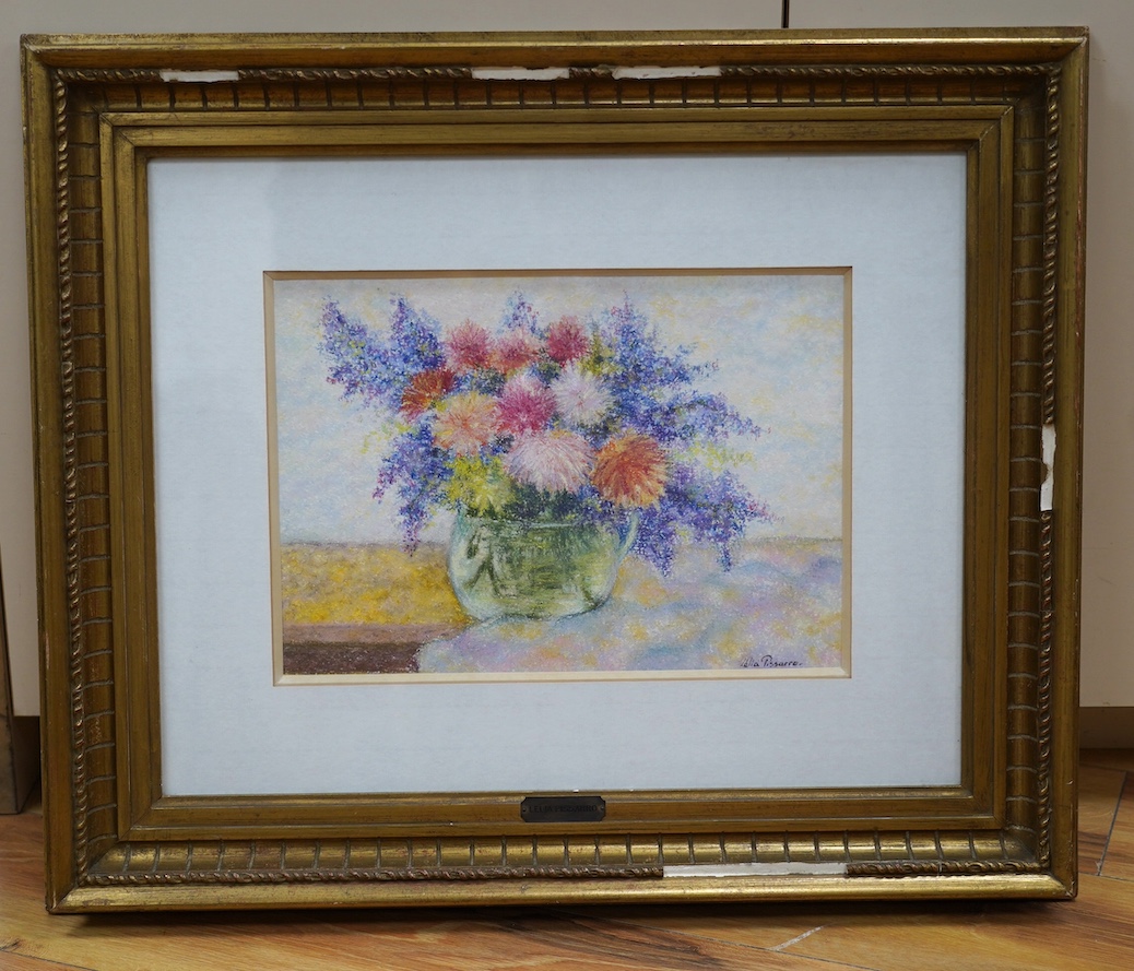 Lelia Pissarro (French, b.1963), pastel, still life ‘Les Lilas de Leora, Kalia et Lelia’, signed, details verso, 24 x 34cm. Condition - fair to good, losses to the frame